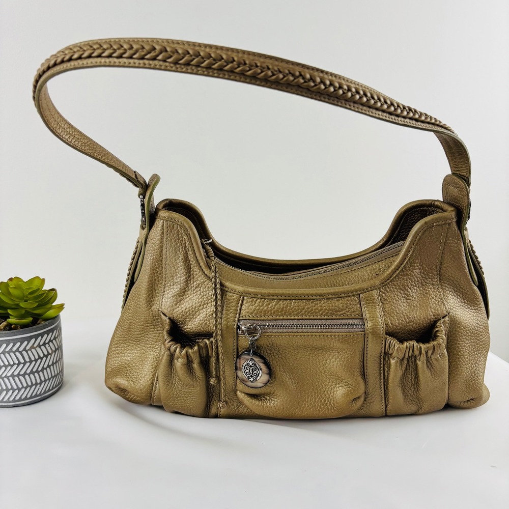 Brighton Metallic Bronze Leather Braided Strap Shoulder Bag Hobo Purse Medallion